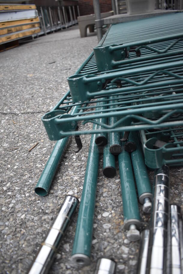 ALL ONE MONEY! Lot of 8 Green Finish Wire Shelves and 8 Green Finish Poles. 48x18x1.5 - Image 3 of 3