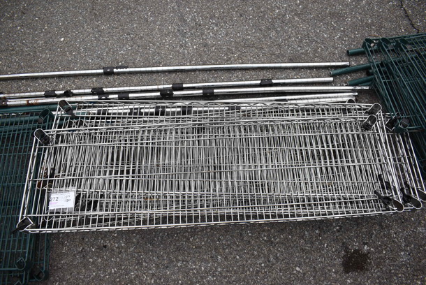 ALL ONE MONEY! Lot of 7 Chrome Finish Wire Shelves and 8 Green Finish Poles. 48x14x1.5