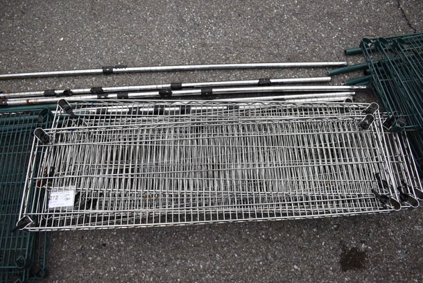 ALL ONE MONEY! Lot of 7 Chrome Finish Wire Shelves and 8 Green Finish Poles. 48x14x1.5 - Image 1 of 3