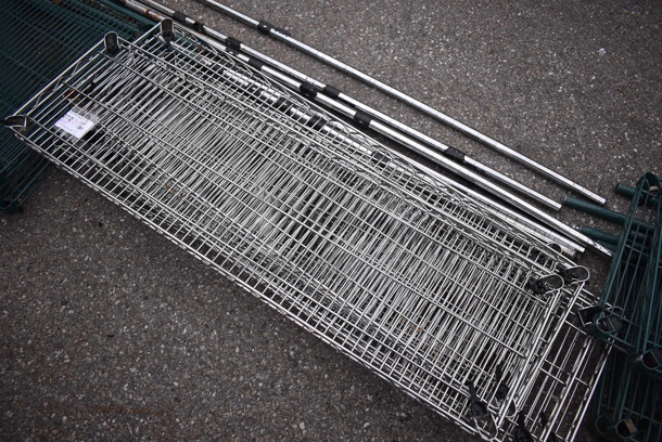 ALL ONE MONEY! Lot of 7 Chrome Finish Wire Shelves and 8 Green Finish Poles. 48x14x1.5 - Image 2 of 3