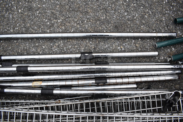 ALL ONE MONEY! Lot of 7 Chrome Finish Wire Shelves and 8 Green Finish Poles. 48x14x1.5 - Image 3 of 3