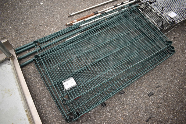 ALL ONE MONEY! Lot of 4 Green Finish Wire Shelves and 4 Green Finish Poles. 42x24x1.5