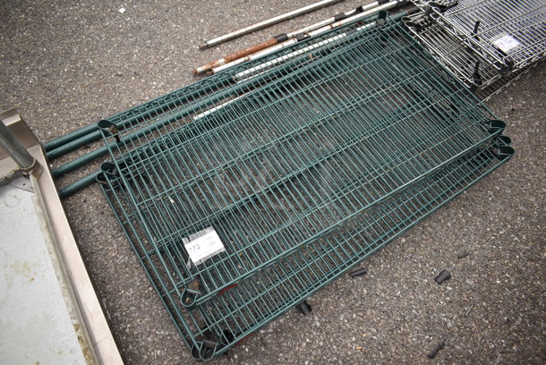 ALL ONE MONEY! Lot of 4 Green Finish Wire Shelves and 4 Green Finish Poles. 42x24x1.5 - Image 1 of 3