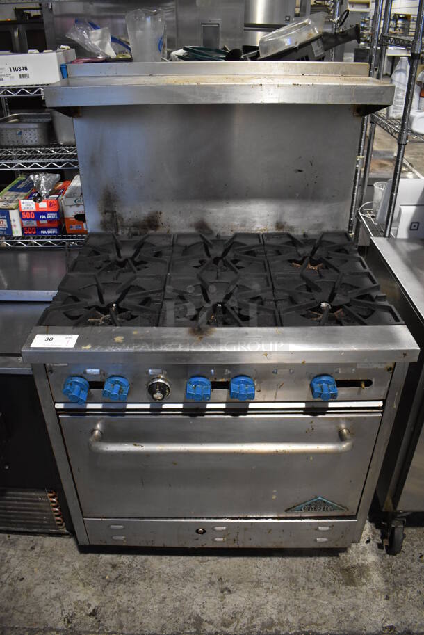 Prince Castle Stainless Steel Commercial Natural Gas Powered 6 Burner Range w/ Oven, Over Shelf and Back Splash. 36x31x59
