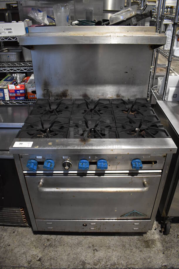 Prince Castle Stainless Steel Commercial Natural Gas Powered 6 Burner Range w/ Oven, Over Shelf and Back Splash. 36x31x59 - Image 1 of 5