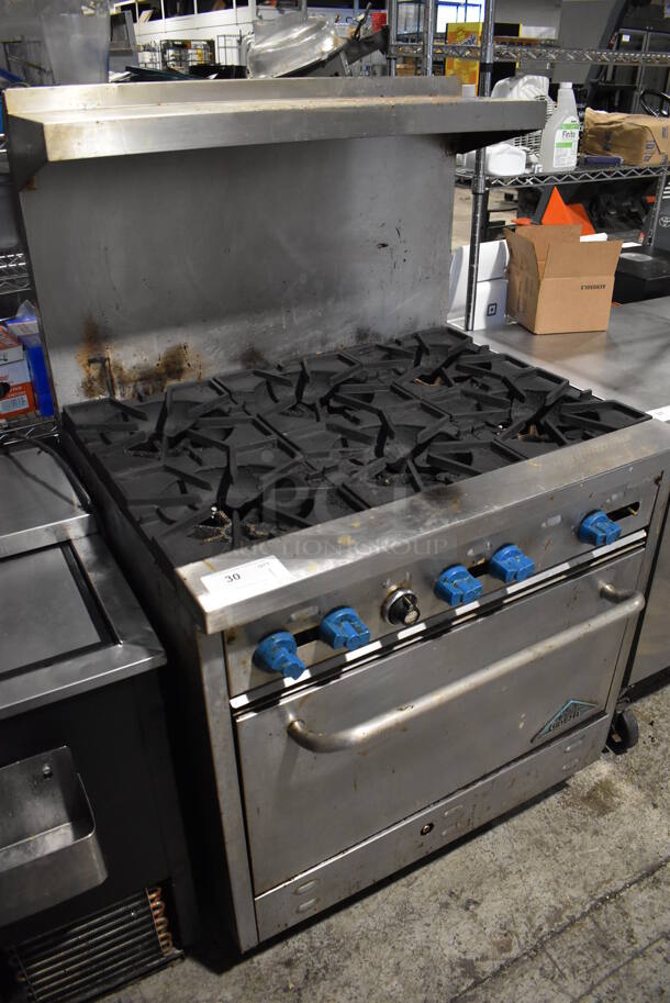 Prince Castle Stainless Steel Commercial Natural Gas Powered 6 Burner Range w/ Oven, Over Shelf and Back Splash. 36x31x59 - Image 2 of 5