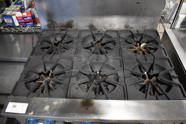 Prince Castle Stainless Steel Commercial Natural Gas Powered 6 Burner Range w/ Oven, Over Shelf and Back Splash. 36x31x59 - Image 5 of 5