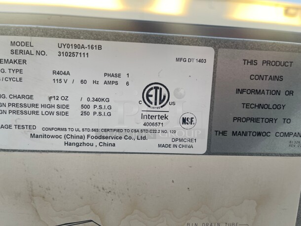 Working! Manitowoc Ice UYF0190A 26 inch W Half Cube NEO Undercounter Ice Maker - 193 lbs/day, Air Cooled NSF Tested and Working! - Image 6 of 10