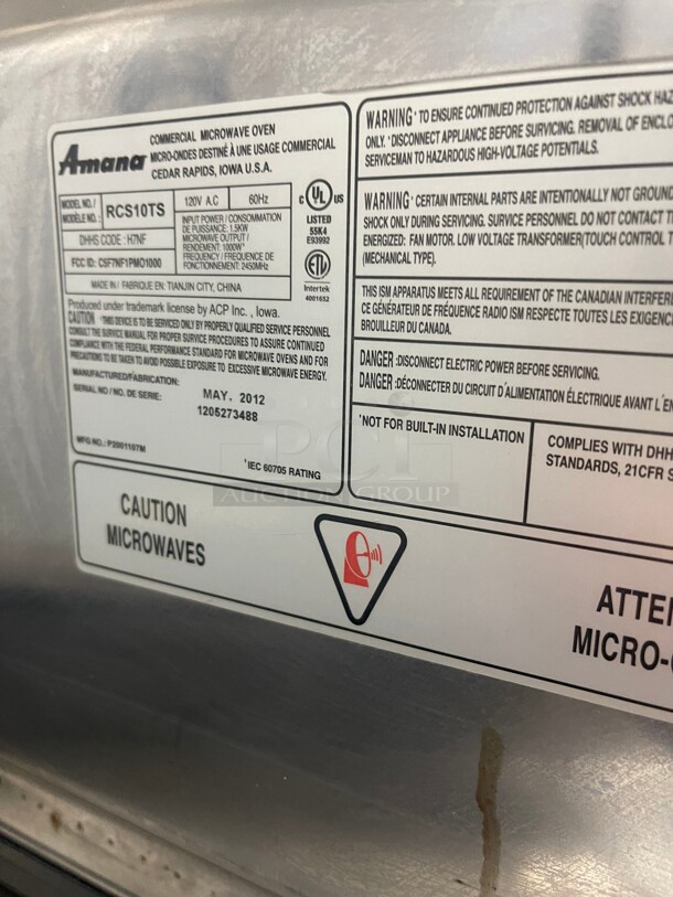 Working! Amana RCS10TS 1000w Commercial Microwave w/ Touch Pad, 120v NSF Tested and Working - Image 6 of 9