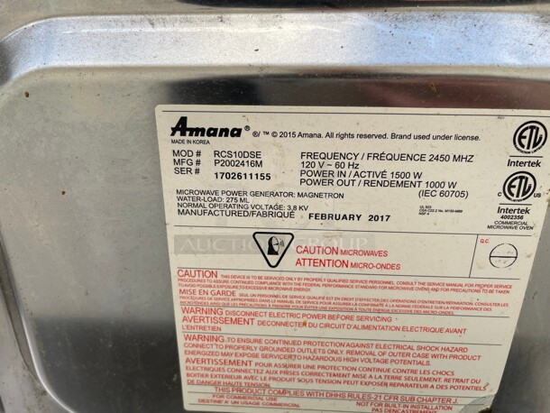 Working! Amana Menumaster RCS10DSE Microwave, 120V, 1000 Watt, 1.2 Cu Ft, Stainless Steel, Commercial NSF 115 Volt Tested and Working! - Image 6 of 9