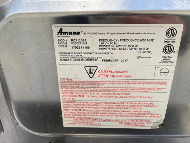 Working! Amana Menumaster RCS10DSE Microwave, 120V, 1000 Watt, 1.2 Cu Ft, Stainless Steel, Commercial NSF 115 Volt Tested and Working! - Image 7 of 9