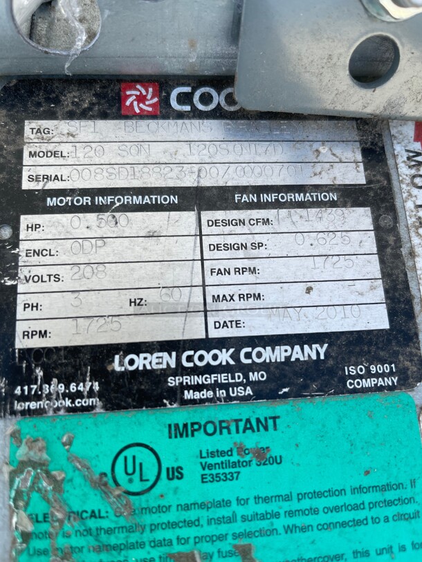 Clean! Loren Cook 120 SQN Square Direct Drive Commercial Exhaust Fan .500hp, 208V, 3 Phase 1725 RPM NSF  - Image 3 of 7