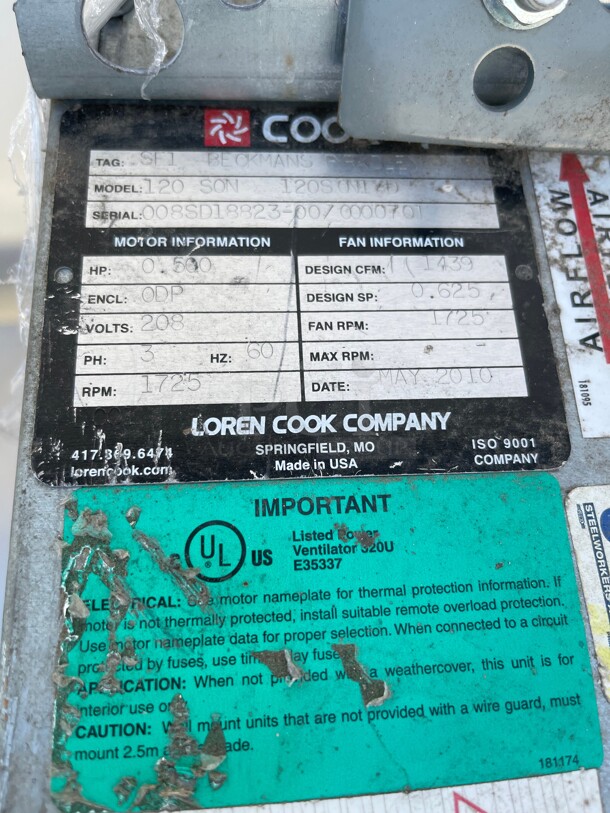 Clean! Loren Cook 120 SQN Square Direct Drive Commercial Exhaust Fan .500hp, 208V, 3 Phase 1725 RPM NSF  - Image 7 of 7