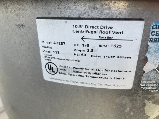 Working! Dayton 4HZ37 Commercial Centrifugal Direct-Drive Upblast Exhaust Ventilator 115 Volt NSF Tested and Working! - Image 4 of 6
