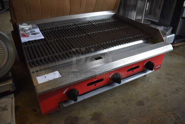 BRAND NEW SCRATCH AND DENT! 2022 Avantco 177CAG36RC Stainless Steel Commercial Countertop Natural Gas Powered Charbroiler Grill. 30,000 BTU. 36x29x16. Tested and Working! - Image 1 of 10
