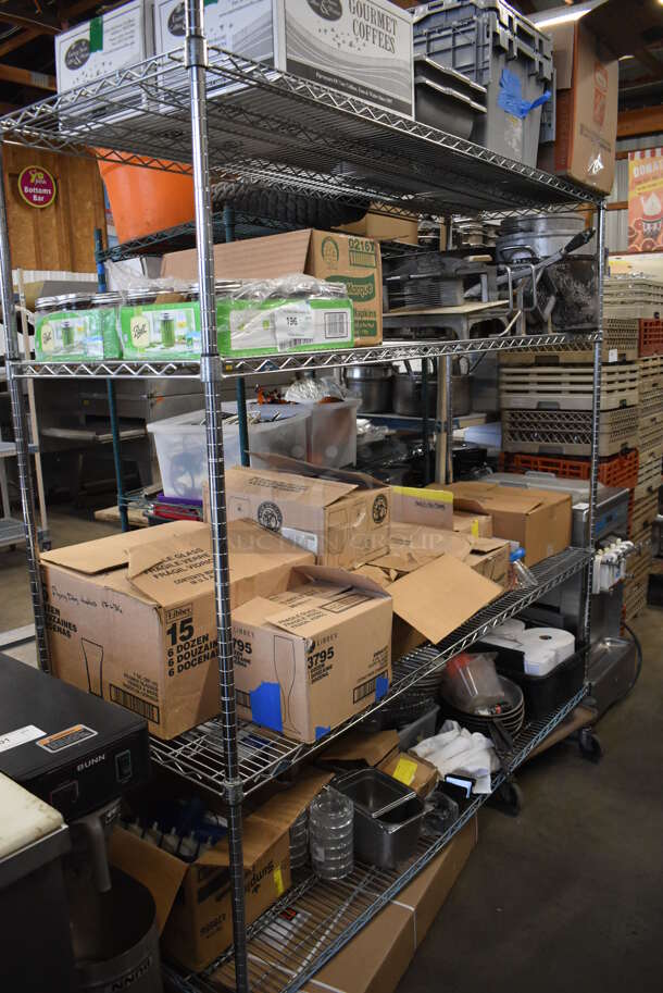 ALL ONE MONEY! Metro Lot of Various Items Including Coffee Grounds, Mason Jars, BRAND NEW IN BOX Glassware and Tomato Slicers. Does Not Include Shelving Unit - Image 1 of 10