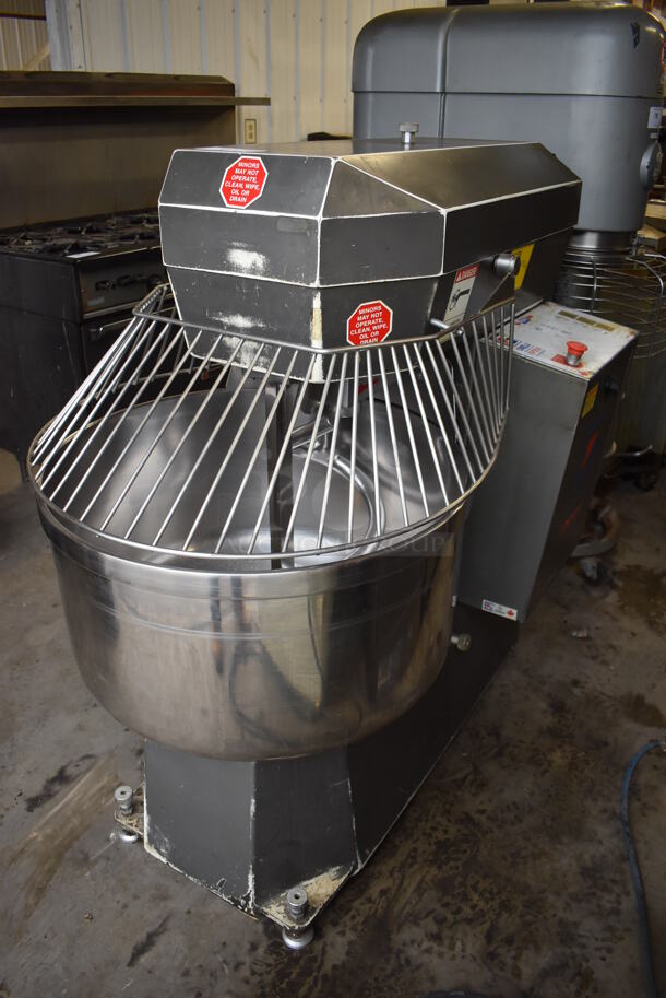 Cinelli Esperia CG/100KG(25) Metal Commercial Floor Style Spiral Dough Mixer w/ Stainless Steel Mixing Bowl, Bowl Guard and Dough Hook Attachment. 208 Volts, 3 Phase. 36x48x54
