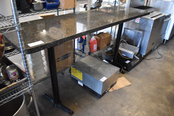 Stone Pattern Tabletop on 2 Black Metal Bar Height Table Bases. 84x25x42.5