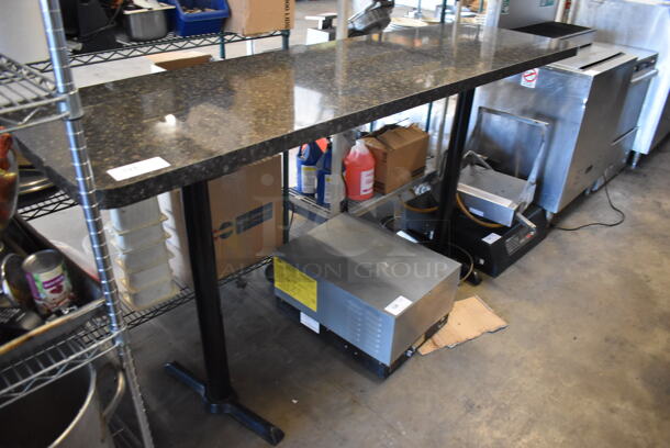 Stone Pattern Tabletop on 2 Black Metal Bar Height Table Bases. 84x25x42.5 - Image 1 of 4