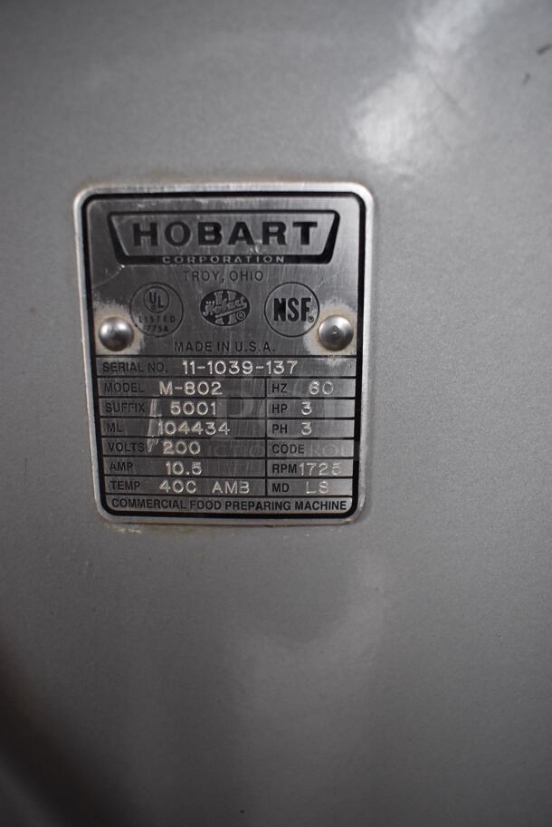 Hobart M-802 Metal Commercial Floor Style 80 Quart Planetary Dough Mixer w/ Bowl Guard, Bowl Adapter, Stainless Steel 30 Quart Mixing Bowl, 40 Quart Whisk Attachment, 30 Quart Whisk Attachment, 30 Quart Paddle Attachment and Bowl Dolly. 200 Volts, 3 Phase. 25x41x67 - Image 10 of 12