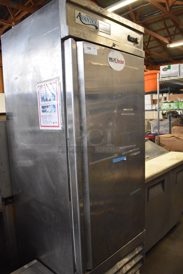 Avantco 178CFD1RR Stainless Steel Commercial Single Door Reach In Cooler on Commercial Casters. 115 Volts, 1 Phase. 29x32x82. Tested and Working! - Image 1 of 5