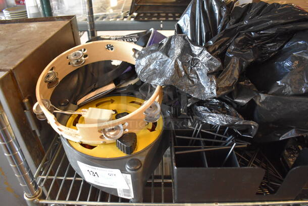 ALL ONE MONEY! Tier Lot of Various Items Including Tambourine, Extension Cord in Holder, Dust Pans, Bush Trimmer and Footloose Record Sleeve - Image 2 of 7