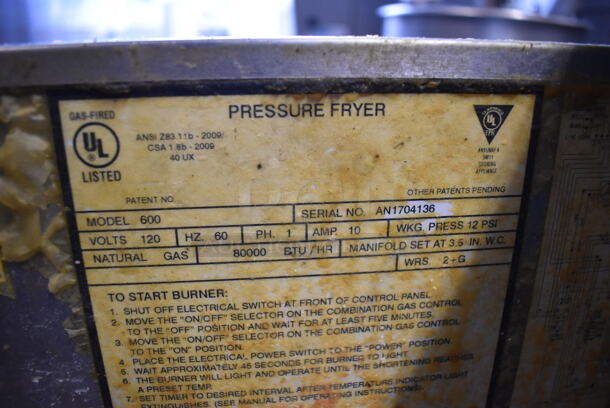 Henny Penny 600 Stainless Steel Commercial Floor Style Natural Gas Powered Pressure Fryer on Commercial Casters. Missing Front Panel. 80,000 BTU. 18x39x49 - Image 7 of 10