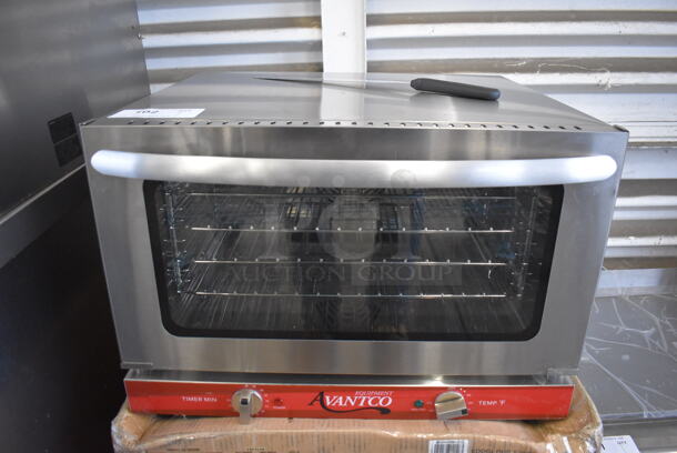 LIKE NEW! Avantco 177CO16 Stainless Steel Commercial Countertop Electric Powered Half Size Countertop Convection Oven. Used a Few Times at Trade Show as a Demonstration. 120 Volts, 1 Phase. 23x22x16. Tested and Working! - Image 1 of 7