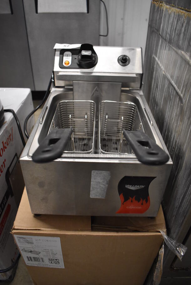 BRAND NEW! Vollrath Cayenne FFA 7110 Stainless Steel Commercial Countertop Electric Powered 10 Pound Deep Fryer w/ 2 Metal Fry Baskets. 120 Volts, 1 Phase. 11x17x12. Tested and Working! - Image 1 of 5