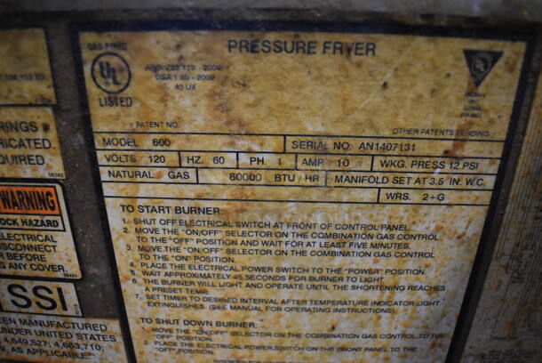 Henny Penny 600 Stainless Steel Commercial Floor Style Natural Gas Powered Pressure Fryer on Commercial Casters. 80,000 BTU. 18x39x49 - Image 9 of 9