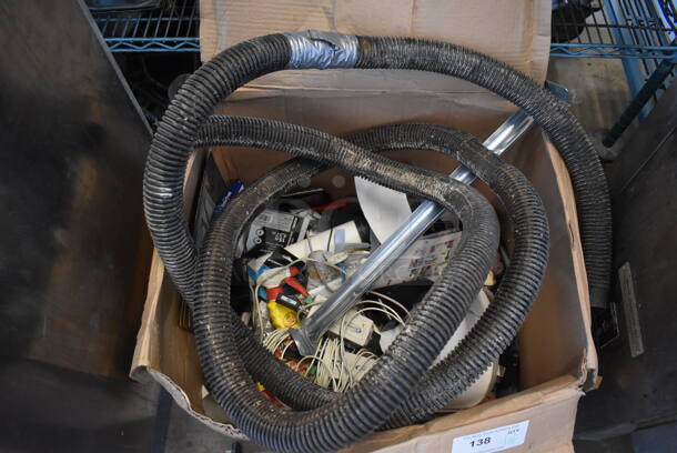 ALL ONE MONEY! Box of Various Items Including Vacuum Hose, Metal Piece, Wires