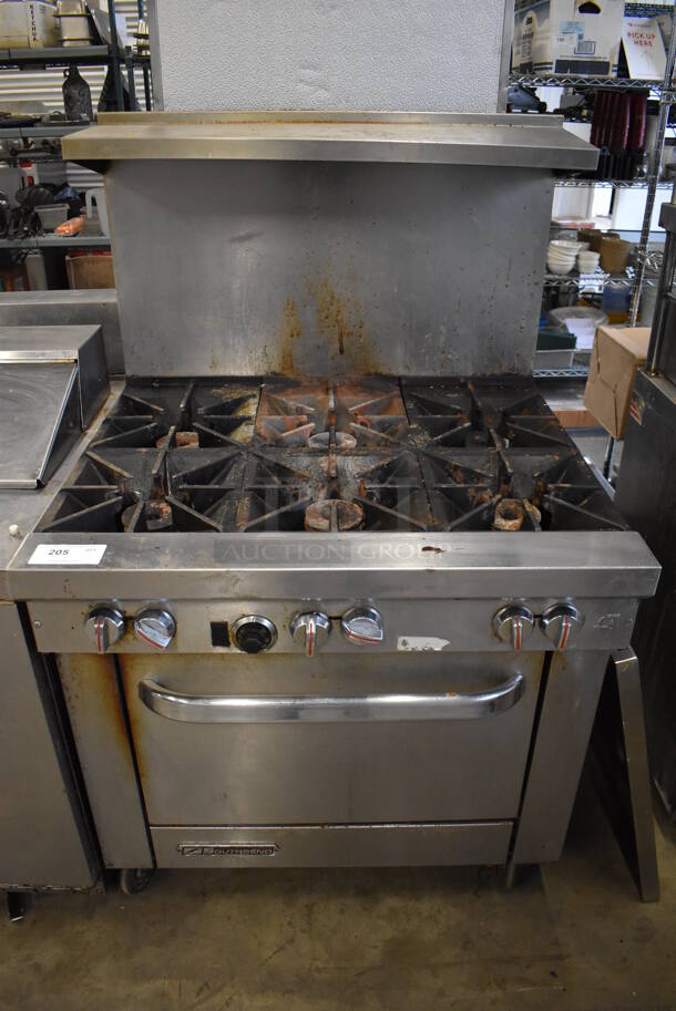 Southbend Stainless Steel Commercial Propane Gas Powered 6 Burner Range w/ Oven, Over Shelf and Back Splash on Commercial Casters. 37x34x60