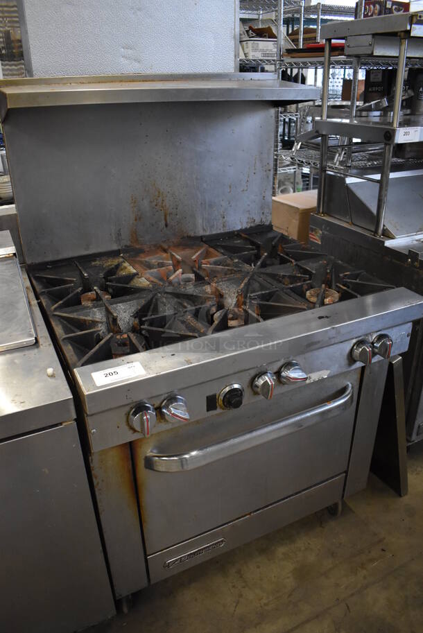 Southbend Stainless Steel Commercial Propane Gas Powered 6 Burner Range w/ Oven, Over Shelf and Back Splash on Commercial Casters. 37x34x60 - Image 2 of 8