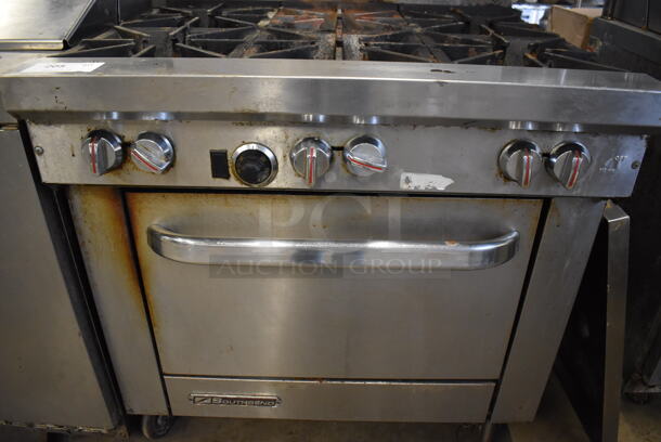 Southbend Stainless Steel Commercial Propane Gas Powered 6 Burner Range w/ Oven, Over Shelf and Back Splash on Commercial Casters. 37x34x60 - Image 6 of 8