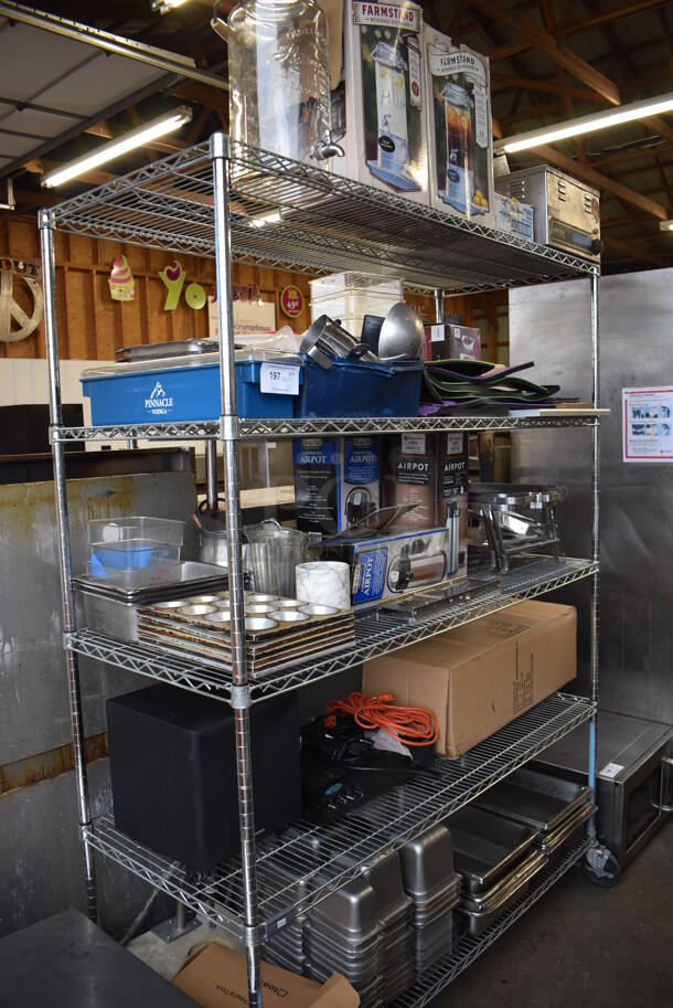 ALL ONE MONEY! Metro Lot of Various Items Including Bar Mats, Stainless Steel Drop In Bins, Monoprice Speaker, Muffin Baking Pans and Air Pots. Does Not Include Shelving Unit