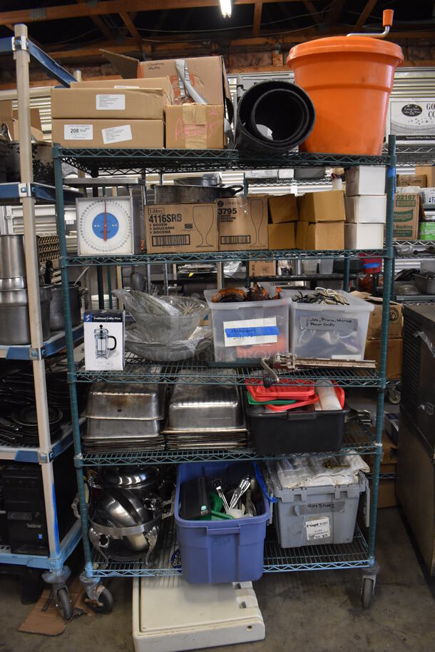 ALL ONE MONEY! Metro Lot of Various Items Including BRAND NEW IN BOX Glassware, Stainless Steel Drop In Bins, Lettuce Spinner, Utensils and Chafing Dish Frames. Does Not Include Shelving Unit