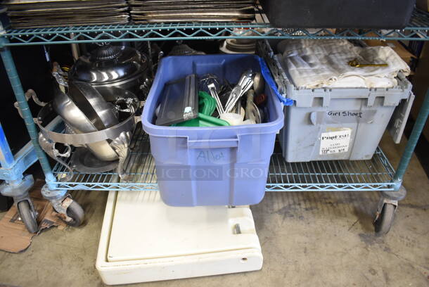ALL ONE MONEY! Metro Lot of Various Items Including BRAND NEW IN BOX Glassware, Stainless Steel Drop In Bins, Lettuce Spinner, Utensils and Chafing Dish Frames. Does Not Include Shelving Unit - Image 2 of 8