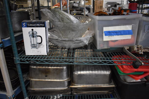 ALL ONE MONEY! Metro Lot of Various Items Including BRAND NEW IN BOX Glassware, Stainless Steel Drop In Bins, Lettuce Spinner, Utensils and Chafing Dish Frames. Does Not Include Shelving Unit - Image 3 of 8