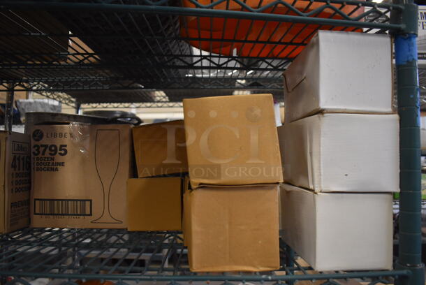 ALL ONE MONEY! Metro Lot of Various Items Including BRAND NEW IN BOX Glassware, Stainless Steel Drop In Bins, Lettuce Spinner, Utensils and Chafing Dish Frames. Does Not Include Shelving Unit - Image 6 of 8