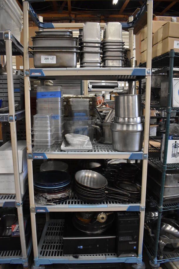 ALL ONE MONEY! Metro Lot of Various Items Including Stainless Steel Drop In Bins, Poly Bins, Skillets, Ceramic Plates and Computer Towers. Does Not Include Shelving Unit - Image 1 of 6