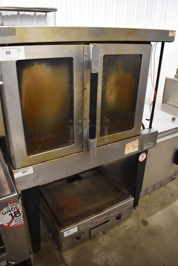 Stainless Steel Commercial Natural Gas Powered Full Size Convection Oven w/ View Through Door and Metal Oven Racks on Metal Legs. For Parts. 40x32x57.5