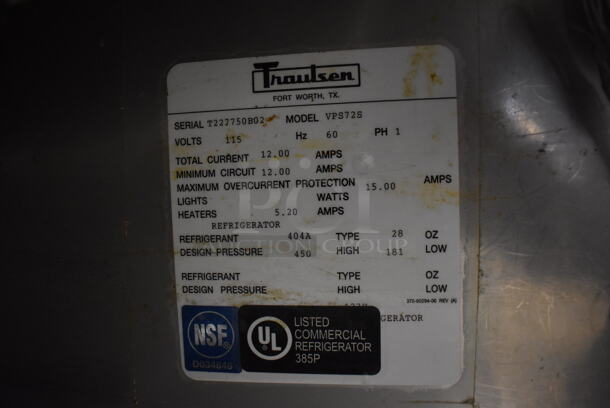 Traulsen VPS72S Stainless Steel Commercial Prep Table on Commercial Casters. 115 Volts, 1 Phase. 72x34x48. Tested and Does Not Power On - Image 7 of 8
