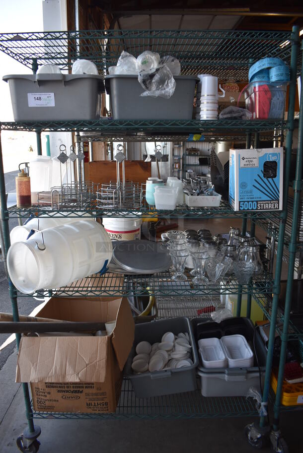ALL ONE MONEY! Metro Lot of Various Items Including Sundae Glasses, Syrup Pourers, Tickets, Poly Ice Buckets and Paper Products. Does Not Include Shelving Unit