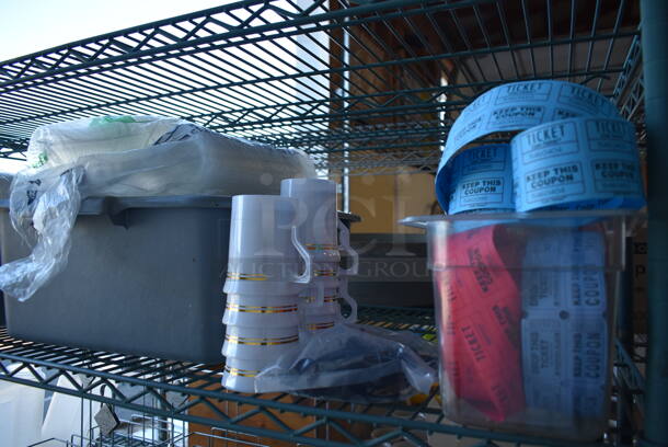 ALL ONE MONEY! Metro Lot of Various Items Including Sundae Glasses, Syrup Pourers, Tickets, Poly Ice Buckets and Paper Products. Does Not Include Shelving Unit - Image 2 of 8
