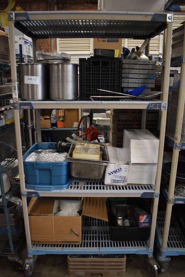 ALL ONE MONEY! Metro Lot of Various Items Including Stainless Steel Cylindrical Bins, Air Pots and Commercial Toilet Paper. Does Not Include Shelving Unit