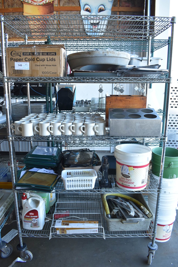 ALL ONE MONEY! Metro Lot of Various Items Including Ceramic Mugs, Silverware Holder, Gas Hose, Menu Covers and Metal Lids. Does Not Include Shelving Unit