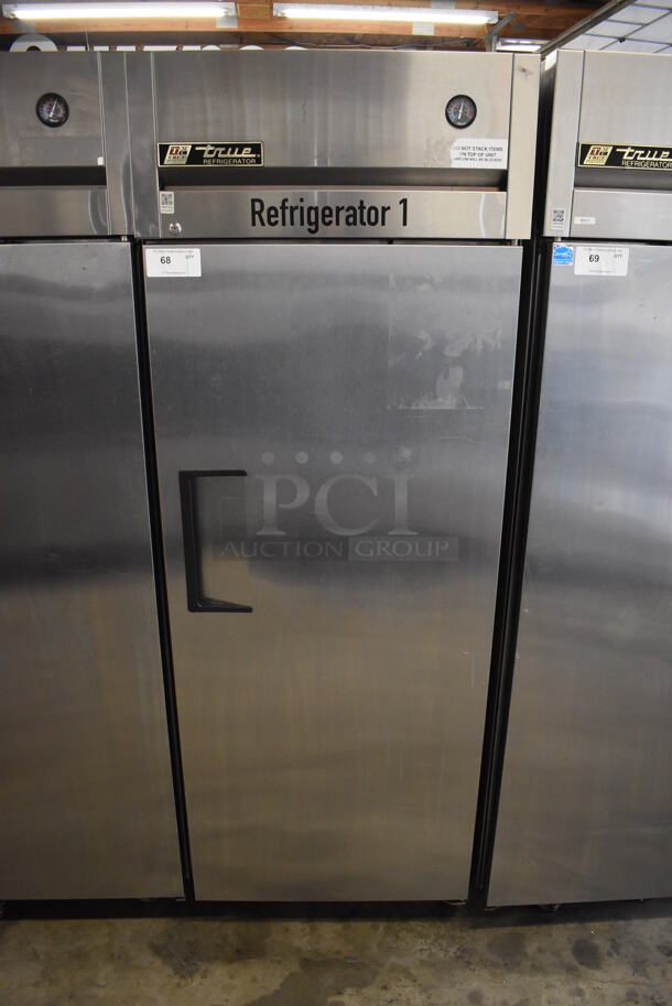 2010 True TG1R-1S ENERGY STAR Stainless Steel Commercial Single Door Reach In Cooler w/ Poly Coated Racks on Commercial Casters. 115 Volts, 1 Phase. 29x35x83. Tested and Working! - Image 1 of 6