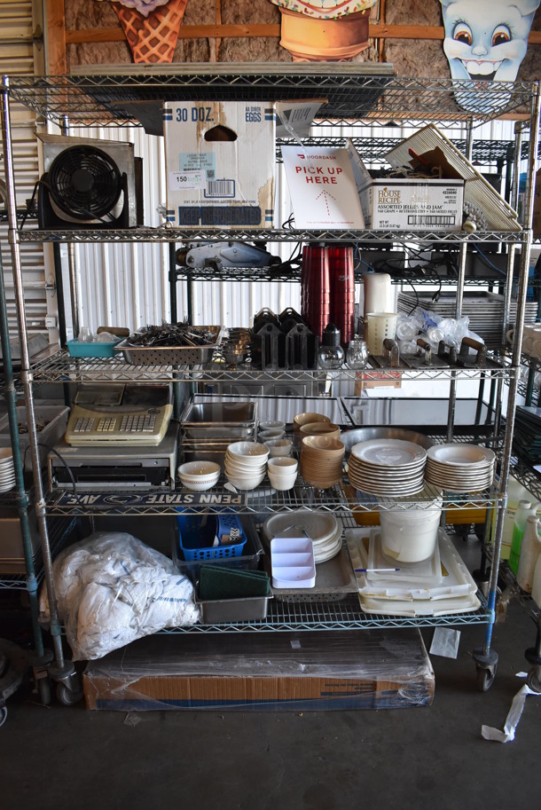 ALL ONE MONEY! Metro Lot of Various Items Including Poly Beverage Tumblers, Ceramic Bowls, Fan, Ply Lids and Cash Register. Does Not Include Shelving Unit