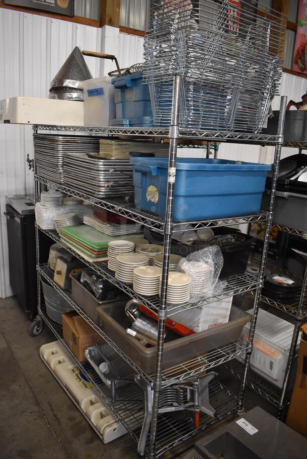 ALL ONE MONEY! Metro Lot of Various Items Including Metal Chafing Dish Frames, Ceramic Dishes, Metal Baking Pans, Koala Diaper Changing Station and Slicer. Does Not Include Shelving Unit