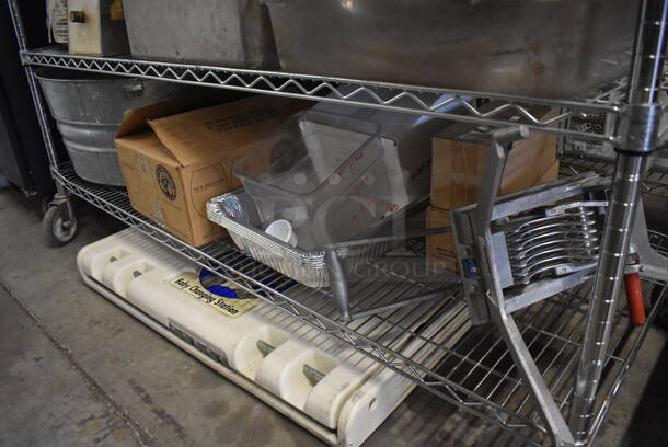 ALL ONE MONEY! Metro Lot of Various Items Including Metal Chafing Dish Frames, Ceramic Dishes, Metal Baking Pans, Koala Diaper Changing Station and Slicer. Does Not Include Shelving Unit - Image 2 of 12